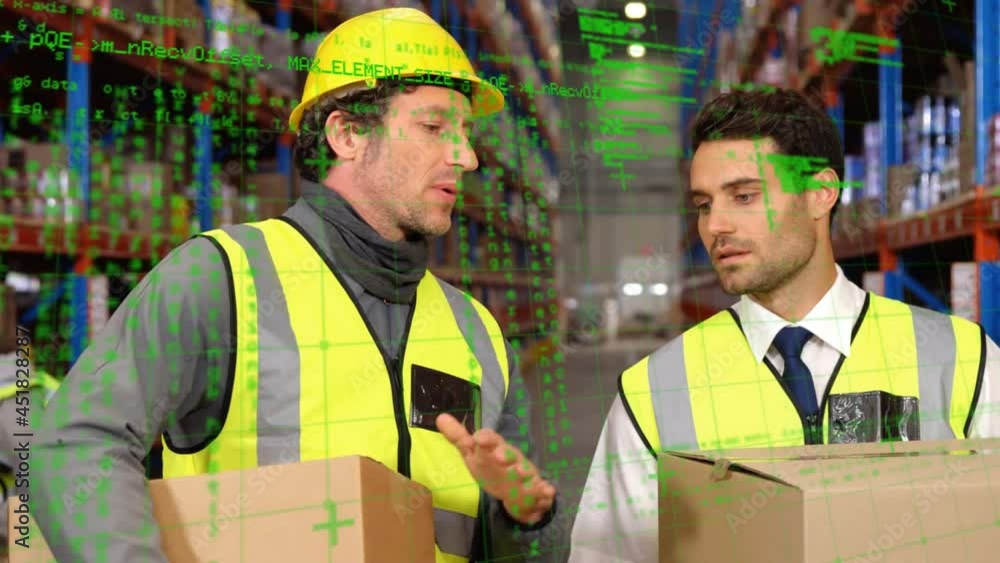 Animation of data processing over diverse people working in warehouse Animation of data processing over diverse people working in warehouse