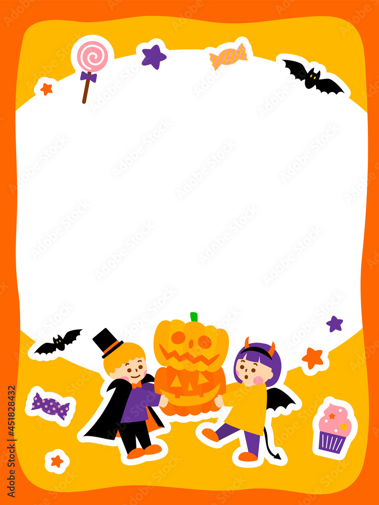 Obraz premium かぼちゃを運ぶこどもたちのハロウィンフレーム（縦長）