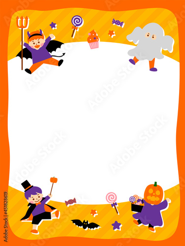 仮装する子どもたちのハロウィンフレーム（縦長）