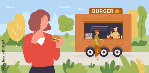 Fast food truck and people eat burger vector illustration. Cartoon woman character eating fastfood hamburger, man hipster buying, standing near outdoor cafe stall in city park, urban scene background