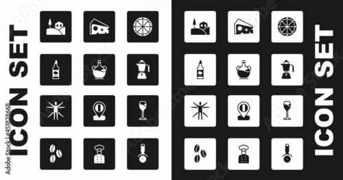 Set Pizza, Bottle of olive oil, Village landscape, Coffee moca pot, Cheese, Wine glass and Vitruvian Man icon. Vector