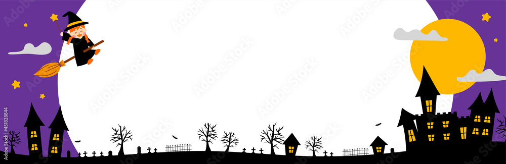 空飛ぶ魔女と夜の屋敷のハロウィンフレーム（横長）
