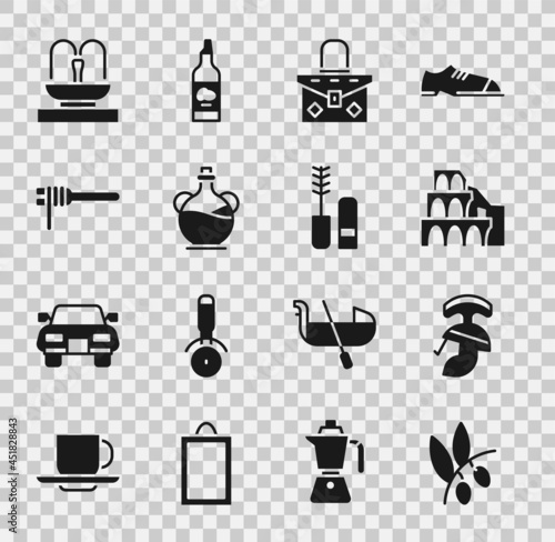 Set Olives branch, Roman army helmet, Coliseum in Rome, Handbag, Bottle of olive oil, Pasta spaghetti, Fountain and Mascara brush icon. Vector