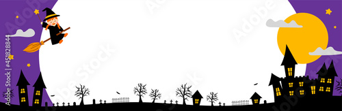 空飛ぶ魔女と夜の屋敷のハロウィンフレーム（横長）