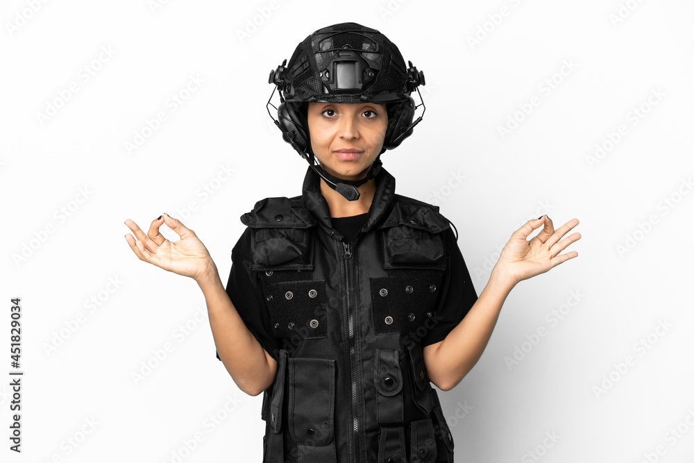SWAT woman isolated on white background in zen pose SWAT woman isolated on white background in zen pose