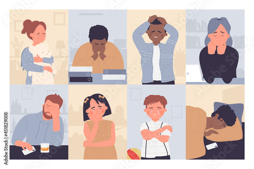 Sad depressed people, mental loneliness set vector illustration. Cartoon unhappy stressed teen, young sad boy and crying girl sitting alone, adult man and woman characters feel stress background