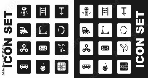 Set Pogo stick jumping toy, Scooter, Toy train, Robot, Bow, Abacus, Slingshot and Fidget spinner icon. Vector