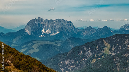 Fototapeta Naklejka Na Ścianę i Meble -  Beautiful alpine summer view with the Wilder Kaiser mountains in the background at the famous Steinplatte summit, Waidring, Tyrol, Austria