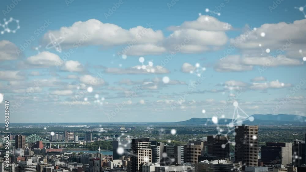 Animation of connections moving over blue sky and modern cityscape Animation of connections moving over blue sky and modern cityscape