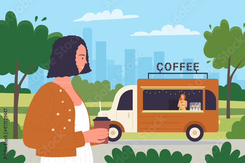 Woman drinking coffee in city park, outdoor street food and drink cafe vector illustration. Cartoon mobile coffee shop track and barista selling hot drinks, girl buyer holding coffee cup background