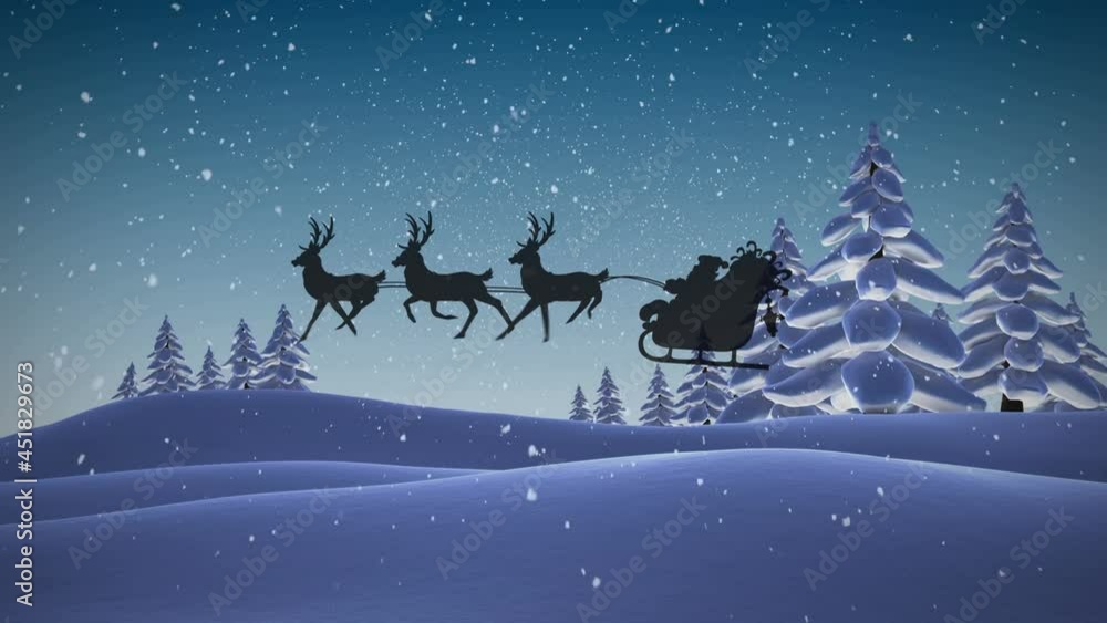 Animation of santa claus in sleigh with reindeer passing over snowy winter scenery Animation of santa claus in sleigh with reindeer passing over snowy winter scenery