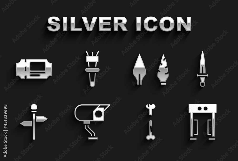Set Security camera, Dagger, Metal detector, Human broken bone, Road traffic signpost, Stone age arrow head, Museum ticket and Torch flame icon. Vector Set Security camera, Dagger, Metal detector, Human broken bone, Road traffic signpost, Stone age arrow head, Museum ticket and Torch flame icon. Vector