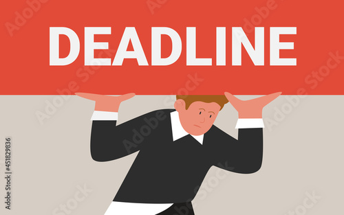 Deadline stress pressure, work problem vector illustration. Cartoon tired employee character working under stressful pressure, holding heavy deadline lettering, time management concept background