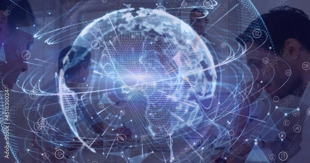 Animation of globe of network of connections with icons over business people Animation of globe of network of connections with icons over business people