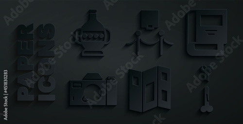 Set Museum guide brochure, History book, Photo camera, Human broken bone, Picture and rope barrier and Ancient amphorae icon. Vector