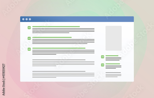 Contextual Targeting Display Advertising flat vector icon. Online marketing on internet surfing. Business concept with browser window and context Ads highlighted in color among the search results