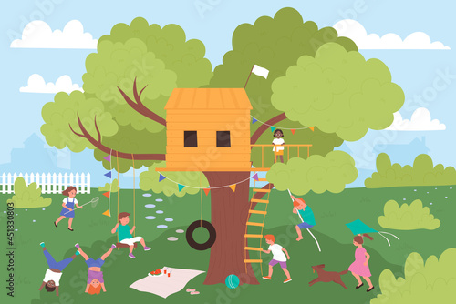 Fototapeta Naklejka Na Ścianę i Meble -  Happy children play on treehouse playground in summer nature park vector illustration. Cartoon group of girl boy child characters have fun, climb on tree house, kids playing together background