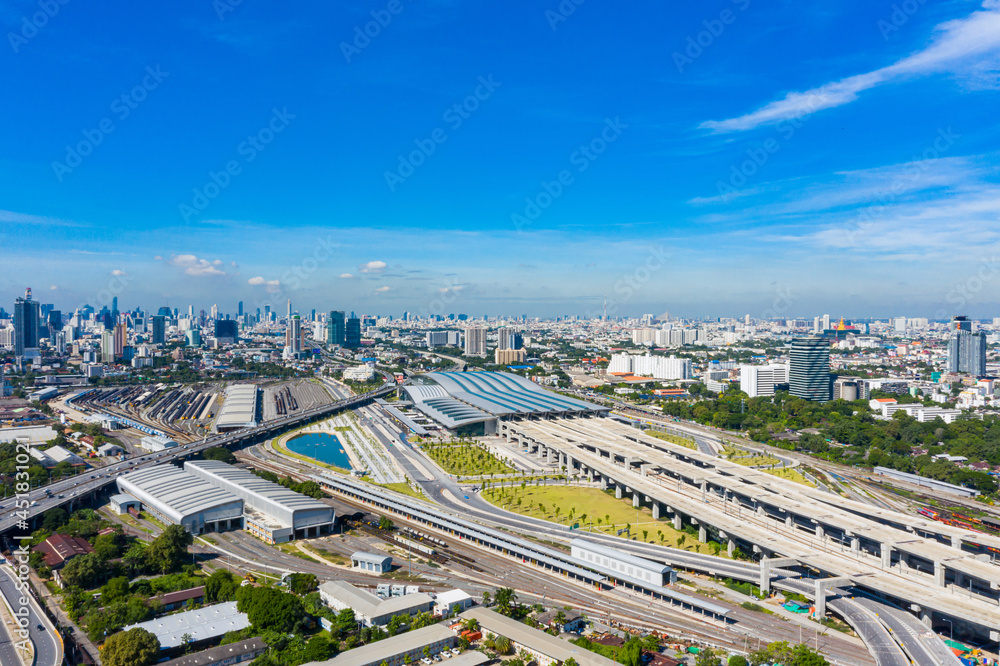 Aerial view of Bangkok skyline with new Bang Sue Grand Station in Bangkok, Thailand. Aerial view of Passenger and freight trains. Expressway top view