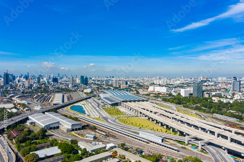 Aerial view of Bangkok skyline with new Bang Sue Grand Station in Bangkok, Thailand. Aerial view of Passenger and freight trains. Expressway top view