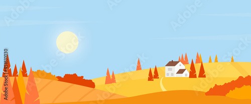 Autumn village countryside landscape vector illustration. Cartoon rustic scene with farm house among fields on hills, road through orange farmfields and trees, sun in blue sky simple background