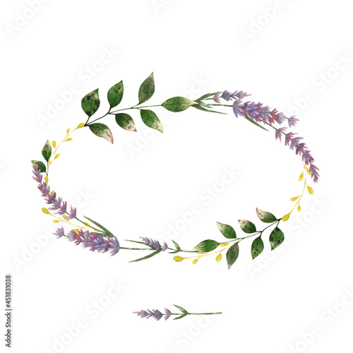 Watercolor wreath of wildflowers in a rustic style. Delicate thin wreath in a large size ellipse shape of lupines and leaves. Use for cards, invitations and decorating