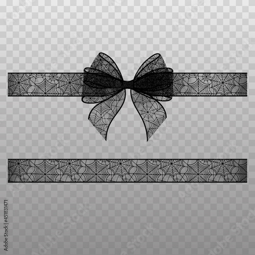 Black transparent bow with ribbon. halloween bow and ribbon with spiderweb lace