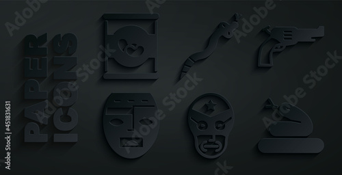 Set Mexican wrestler, Revolver gun, Aztec mask, Snake, and Beans in icon. Vector
