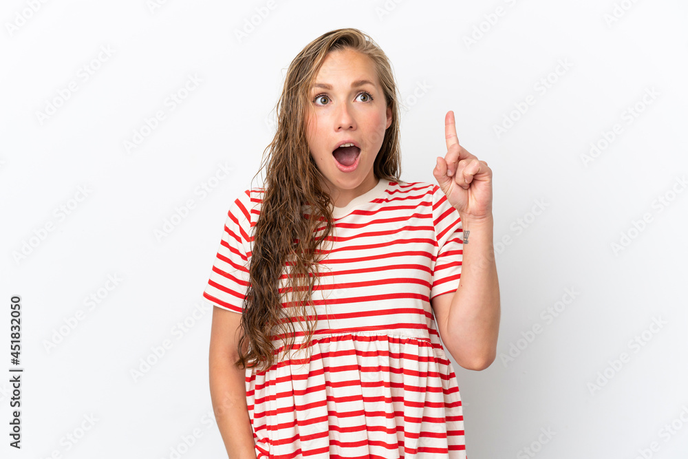 Young caucasian woman isolated on white background thinking an idea pointing the finger up Young caucasian woman isolated on white background thinking an idea pointing the finger up