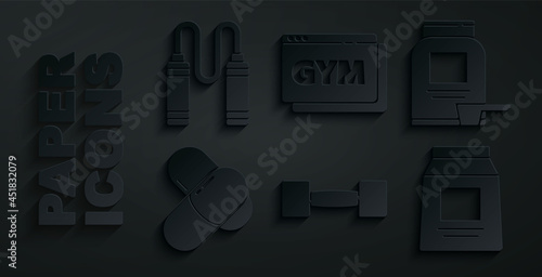 Set Dumbbell, Sports nutrition, Online fitness and training and Jump rope icon. Vector