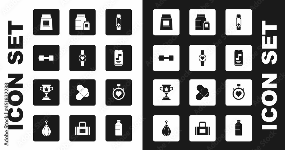 Set Smartwatch, Dumbbell, Sports nutrition, Music player, Heart in the center stopwatch and Award cup icon. Vector