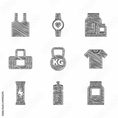 Set Kettlebell, Fitness shaker, Sports nutrition, T-shirt, bag, and Sleeveless icon. Vector