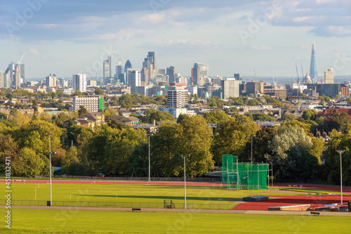 Photography View towards London city skyline from Parliament Hill in Hampstead Heath in Engl