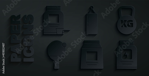 Set Sports nutrition, Kettlebell, Racket and ball, Punching bag and icon. Vector
