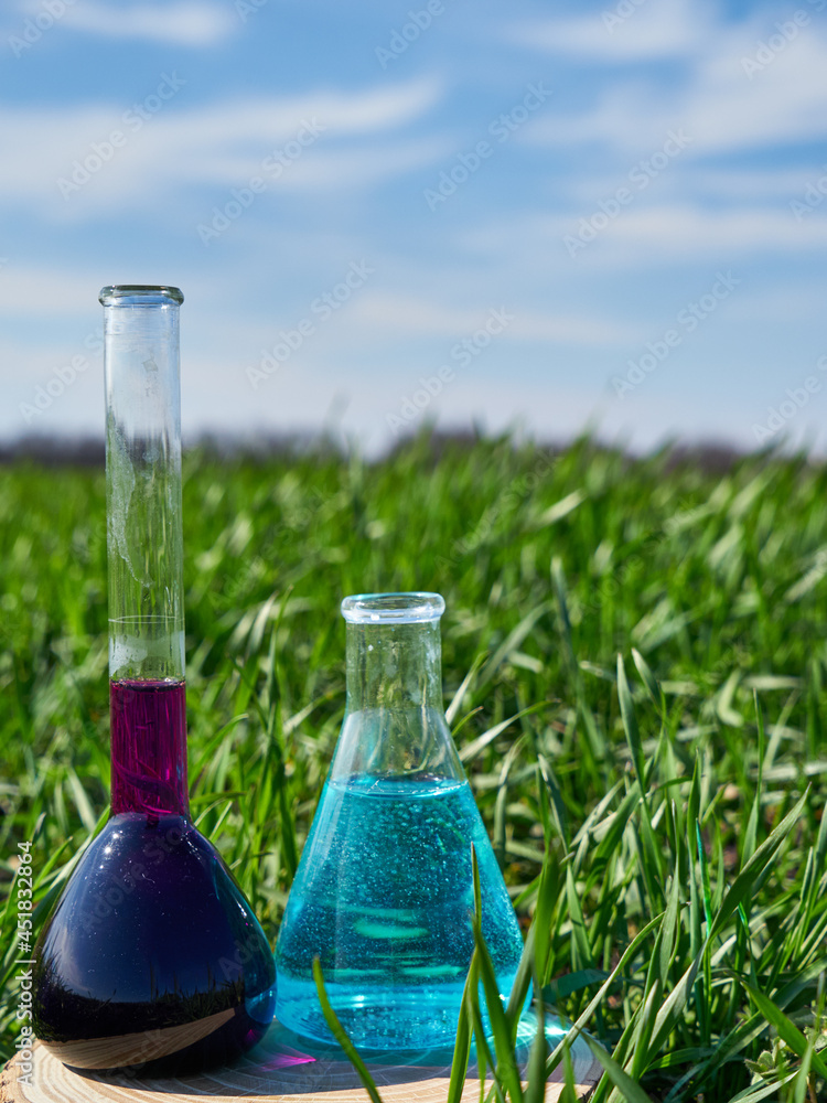 Shoots Lab Flask Image of a glass flask with a chemical solution on the background of ...
