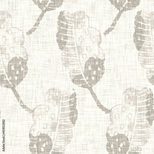 Hand drawn grey flower motif linen texture. Whimsical garden seamless pattern. Modern spring doodle floral nature textile for home decor. Botanical scandi style rustic eco ecru all over print