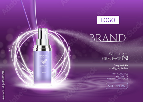 Purple Ads with essence Skin care premium spray products and aerosol on dark purple background. Vector 3d illustration.