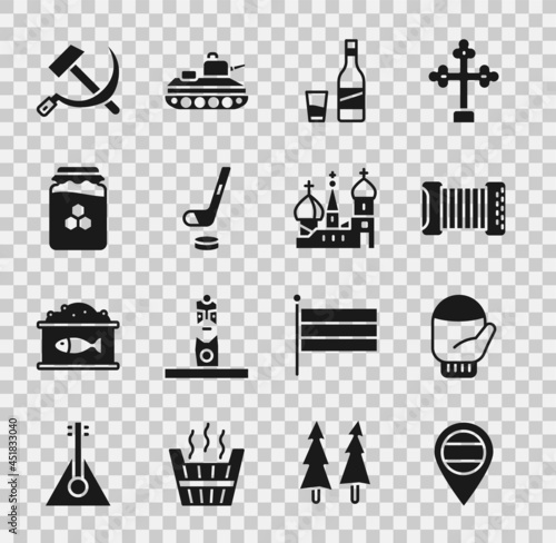 Set Location Russia, Christmas mitten, Accordion, Bottle of vodka with glass, Ice hockey stick and puck, Jar honey, Hammer sickle USSR and Saint Basil's Cathedral icon. Vector