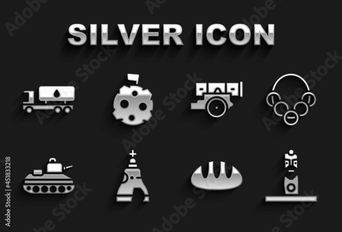 Set The Tsar bell, Russian bagels, Slavic pagan idol, Bread loaf, Military tank, Cannon, Tanker truck and Moon with flag icon. Vector