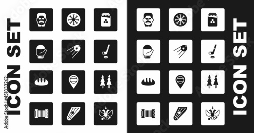 Set Jar of honey, Satellite, Christmas mitten, Joseph Stalin, Ice hockey stick and puck, Snowflake, tree and Bread loaf icon. Vector