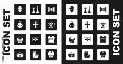 Set Accordion, Christian cross, Moon with flag, Location Russia, National emblem of, Chess, USSR t-shirt and Sauna bucket icon. Vector