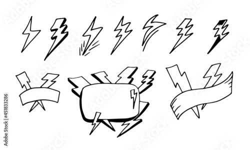 set of hand drawn vector doodle electric lightning bolt symbol sketch illustrations. thunder symbol doodle icon .