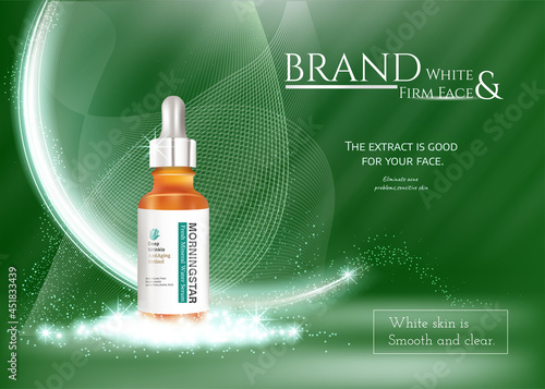 Beauty cosmetic product poster,green cream ads, makeup template, skin care cream or liquid package Sparkling shiny glitter background 3D Vector stock illustration .