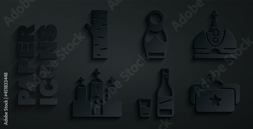 Set Bottle of vodka with glass, King crown, Church building, Ushanka, Russian doll matryoshka and Birch tree icon. Vector