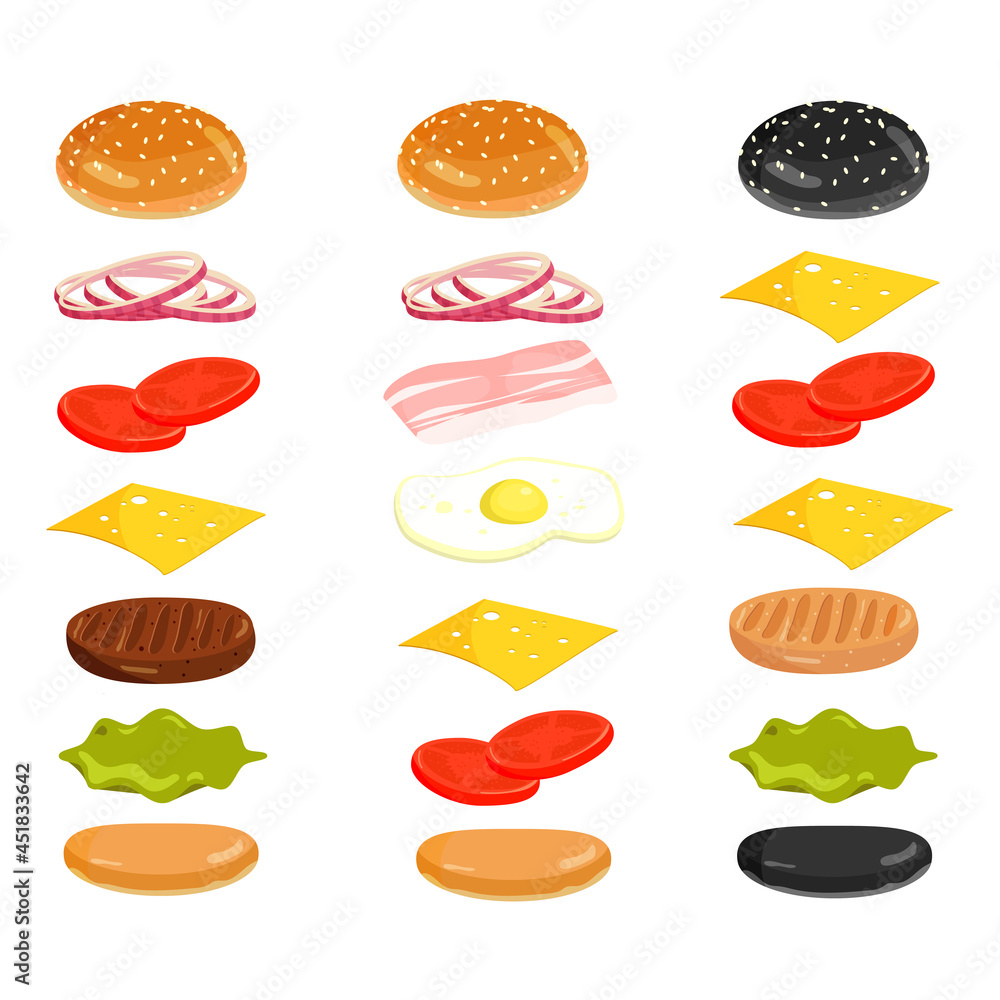 Set ingredients burger, great design for any purposes. Vector design. Flat vector illustration. White background. Vector drawing. Organic food. Isolated background. Cucumber slice isolated.