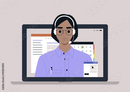 A young female hotline assistant wearing a headset, online customer service info line