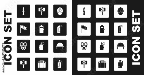 Set Special forces soldier, Police assault shield, Location marker, Military knife, Pepper spray, Protest, helmet and Gas mask icon. Vector