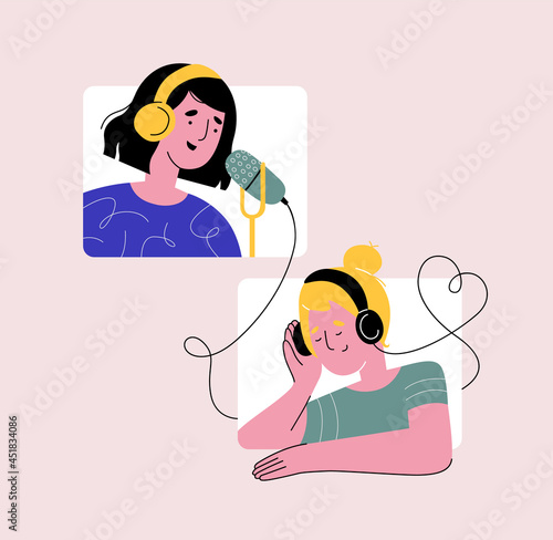 Illustration with two girls in squares. A girl hosts a podcast and another girl listens