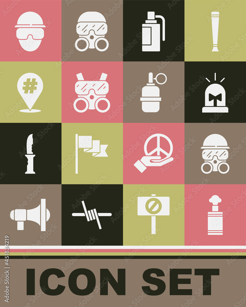 Set Hand grenade, Gas mask, Flasher siren, Protest, Special forces soldier and icon. Vector Set Hand grenade, Gas mask, Flasher siren, Protest, Special forces soldier and icon. Vector