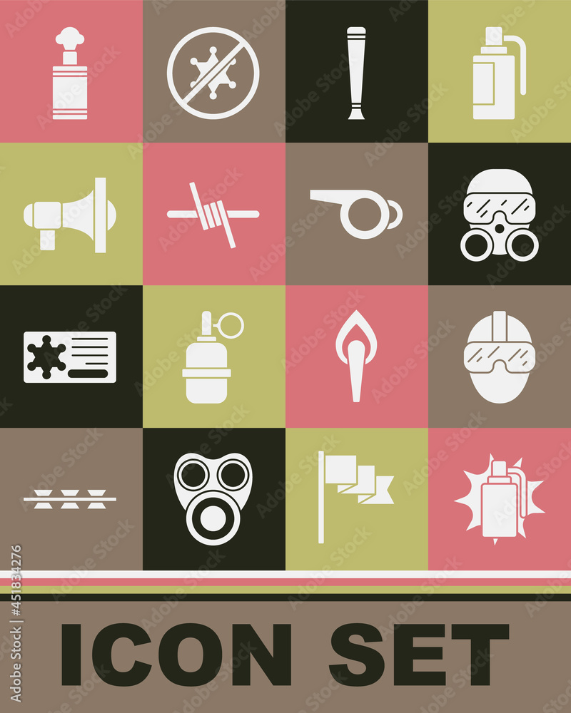 Set Hand grenade, Special forces soldier, Gas mask, Police rubber baton, Barbed wire, Megaphone, and Whistle icon. Vector Set Hand grenade, Special forces soldier, Gas mask, Police rubber baton, Barbed wire, Megaphone, and Whistle icon. Vector