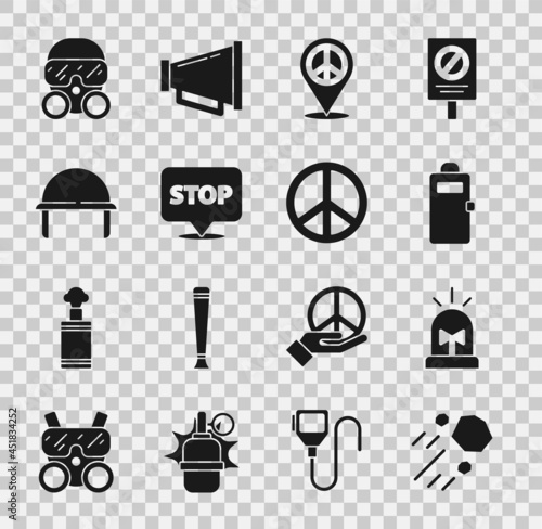 Set Flying stone, Flasher siren, Police assault shield, Location peace, Protest, Military helmet, Gas mask and Peace icon. Vector